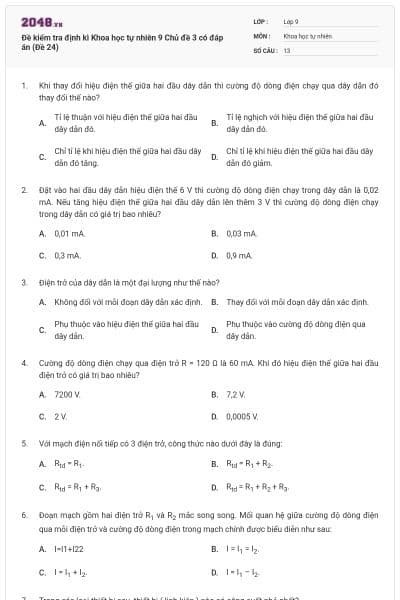 Đề kiểm tra định kì Khoa học tự nhiên 9 Chủ đề 3 có đáp án (Đề 24)