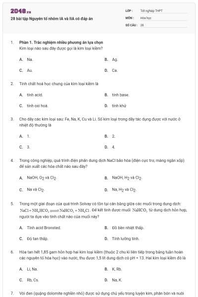 28 bài tập Nguyên tố nhóm IA và IIA có đáp án