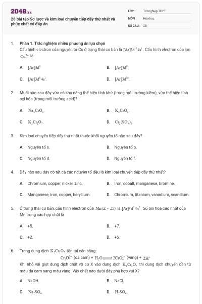 28 bài tập Sơ lược về kim loại chuyển tiếp dãy thứ nhất và phức chất có đáp án
