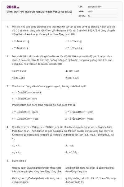 Đề thi thử THPT Quốc Gia năm 2019 môn Vật Lý (Đề số 20)