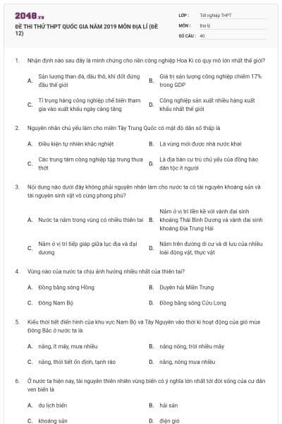 ĐỀ THI THỬ THPT QUỐC GIA NĂM 2019 MÔN ĐỊA LÍ (ĐỀ 12)