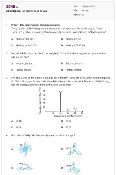30 bài tập Cấu tạo nguyên tử có đáp án