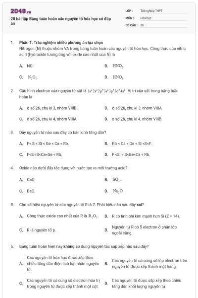 28 bài tập Bảng tuần hoàn các nguyên tố hóa học có đáp án
