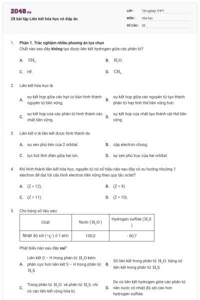 28 bài tập Liên kết hóa học có đáp án