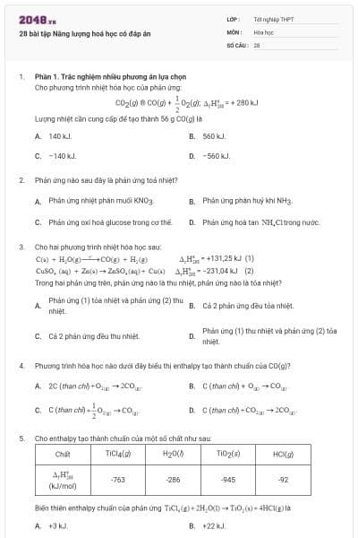 28 bài tập Năng lượng hoá học có đáp án