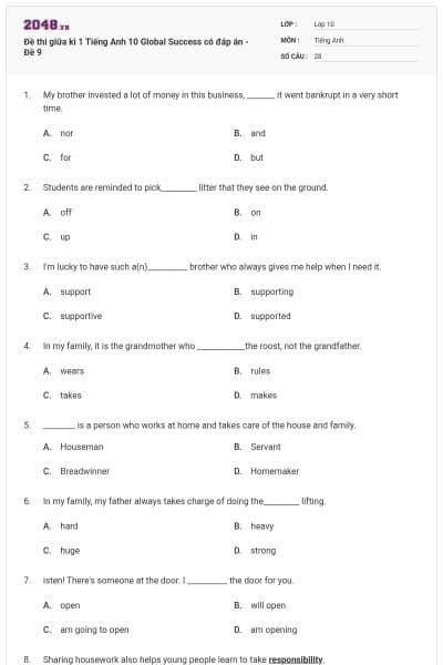 Đề thi giữa kì 1 Tiếng Anh 10 Global Success có đáp án - Đề 9
