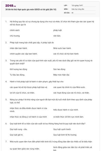 30 Đề thi thử thpt quốc gia môn GDCD có lời giải (Đề 10)