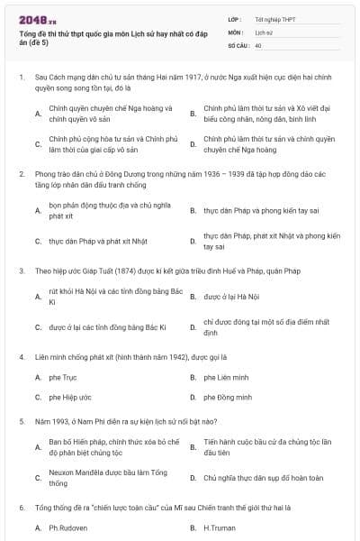Tổng đề thi thử thpt quốc gia môn Lịch sử hay nhất có đáp án (đề 5)
