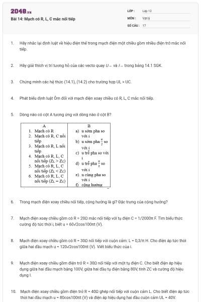 Bài 14: Mạch có R, L, C mắc nối tiếp