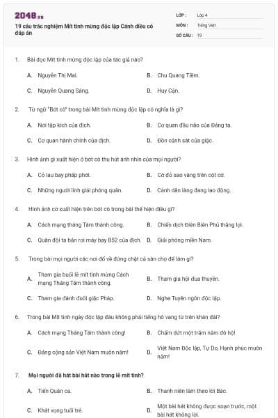 19 câu trắc nghiệm Mít tinh mừng độc lập Cánh diều có đáp án