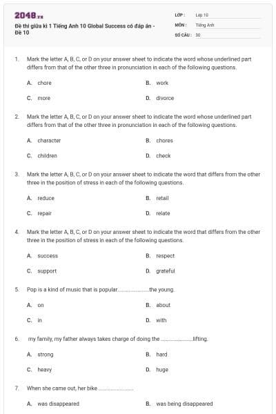 Đề thi giữa kì 1 Tiếng Anh 10 Global Success có đáp án - Đề 10
