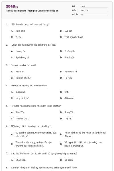 12 câu trắc nghiệm Trường Sa Cánh diều có đáp án