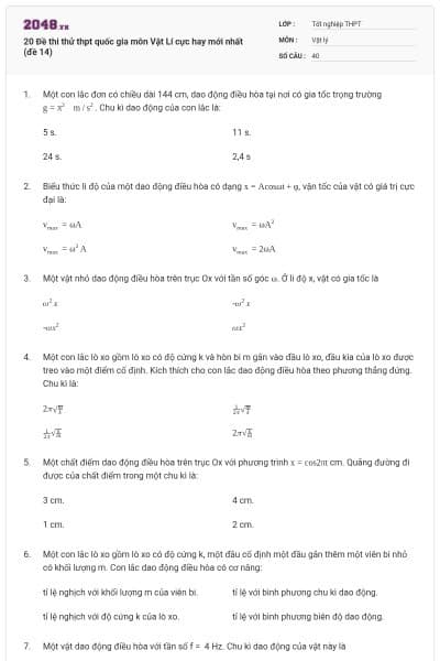 20 Đề thi thử thpt quốc gia môn Vật Lí cực hay mới nhất (đề 14)
