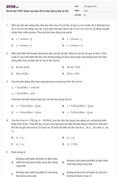Đề thi thử THPT Quốc Gia năm 2019 môn Vật Lý (Đề số 20)