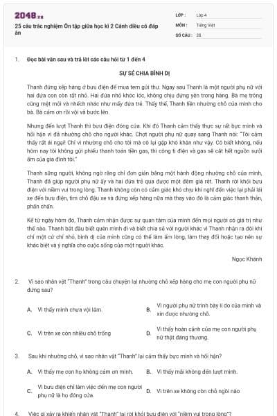 25 câu trắc nghiệm Ôn tập giữa học kì 2 Cánh diều có đáp án