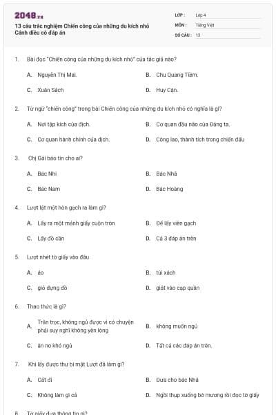 13 câu trắc nghiệm Chiến công của những du kích nhỏ Cánh diều có đáp án