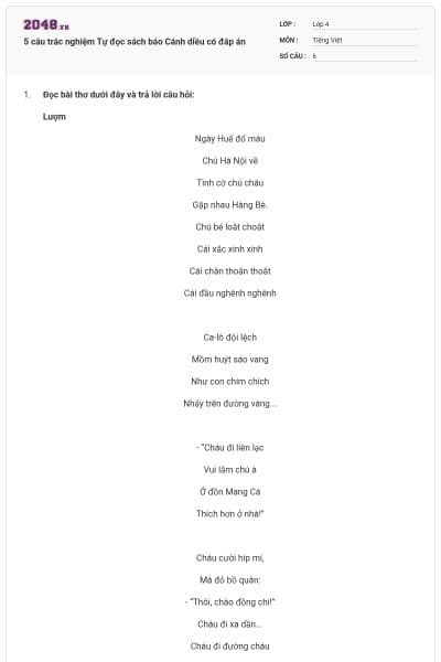 5 câu trắc nghiệm Tự đọc sách báo Cánh diều có đáp án