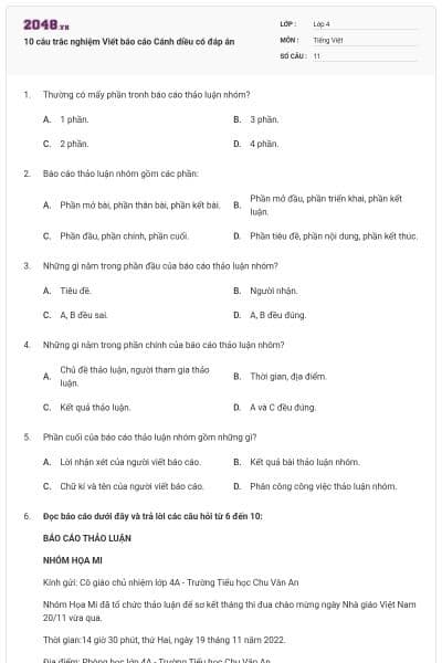 10 câu trắc nghiệm Viết báo cáo Cánh diều có đáp án