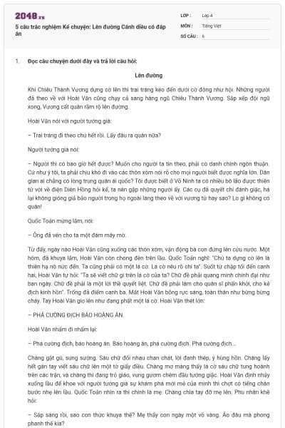 5 câu trắc nghiệm Kể chuyện: Lên đường Cánh diều có đáp án