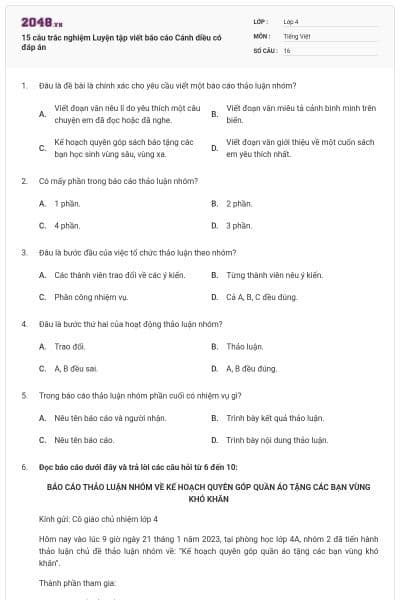 15 câu trắc nghiệm Luyện tập viết báo cáo Cánh diều có đáp án