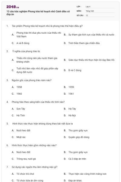 12 câu trắc nghiệm Phong trào kế hoạch nhỏ Cánh diều có đáp án