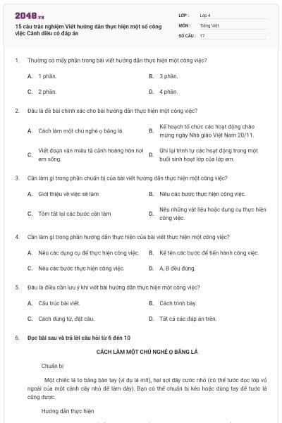 15 câu trắc nghiệm Viết hướng dẫn thực hiện một số công việc Cánh diều có đáp án