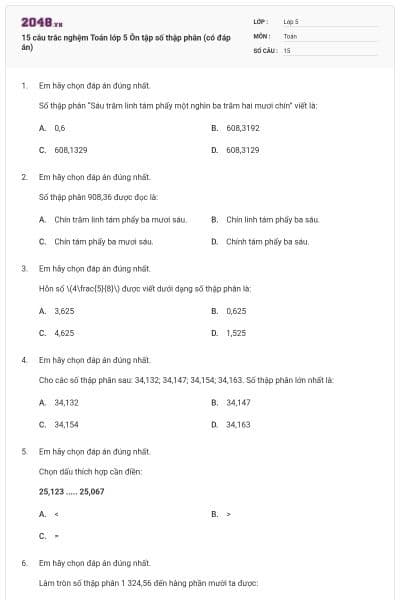 15 câu trắc nghệm Toán lớp 5 Ôn tập số thập phân (có đáp án)