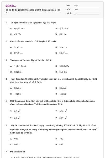 Bộ 10 đề thi giữa kì 2 Toán lớp 5 Cánh diều có đáp án - Đề 1