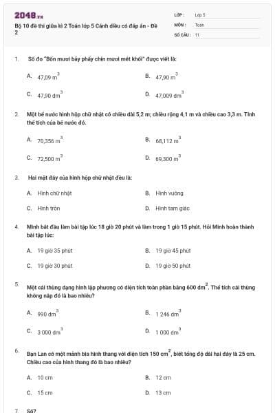 Bộ 10 đề thi giữa kì 2 Toán lớp 5 Cánh diều có đáp án - Đề 2