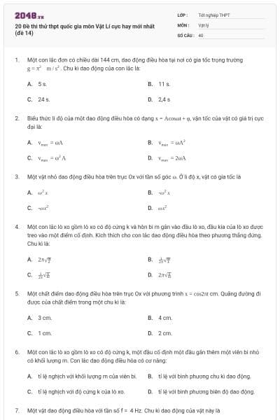 20 Đề thi thử thpt quốc gia môn Vật Lí cực hay mới nhất (đề 14)