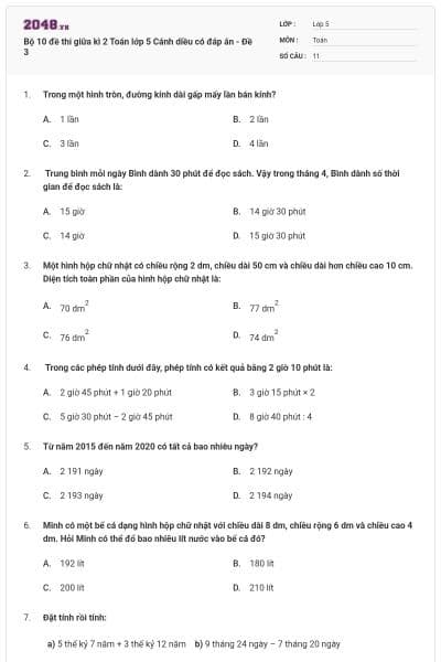 Bộ 10 đề thi giữa kì 2 Toán lớp 5 Cánh diều có đáp án - Đề 3