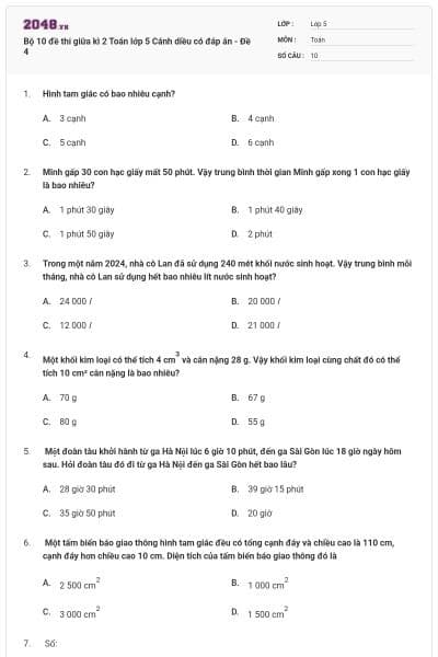 Bộ 10 đề thi giữa kì 2 Toán lớp 5 Cánh diều có đáp án - Đề 4