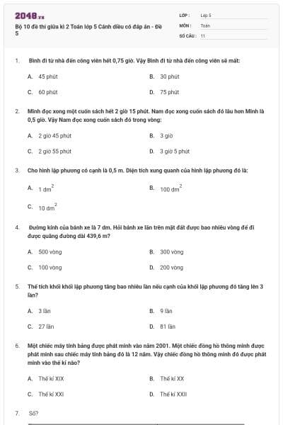 Bộ 10 đề thi giữa kì 2 Toán lớp 5 Cánh diều có đáp án - Đề 5