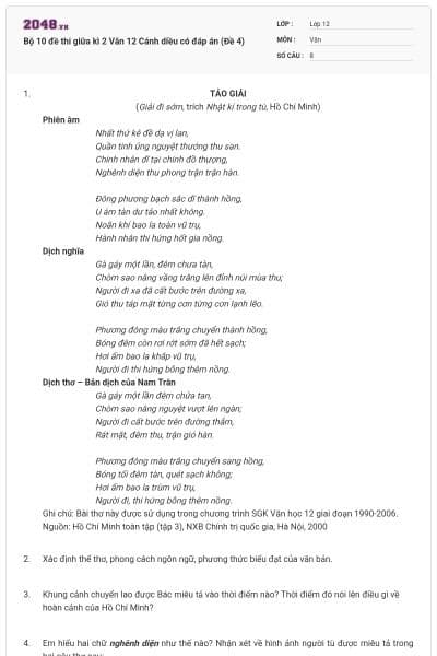 Bộ 10 đề thi giữa kì 2 Văn 12 Cánh diều có đáp án (Đề 4)