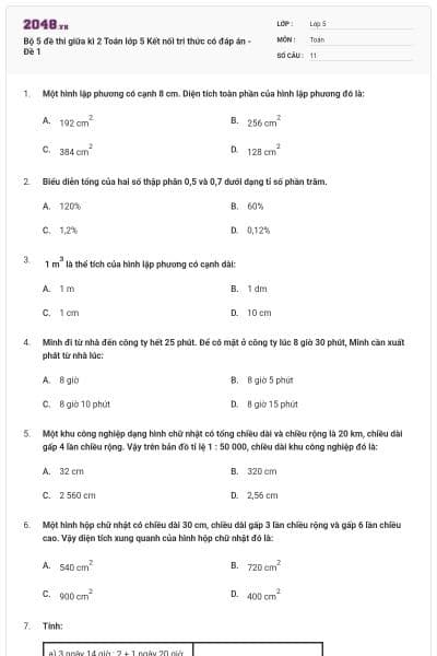 Bộ 5 đề thi giữa kì 2 Toán lớp 5 Kết nối tri thức có đáp án - Đề 1