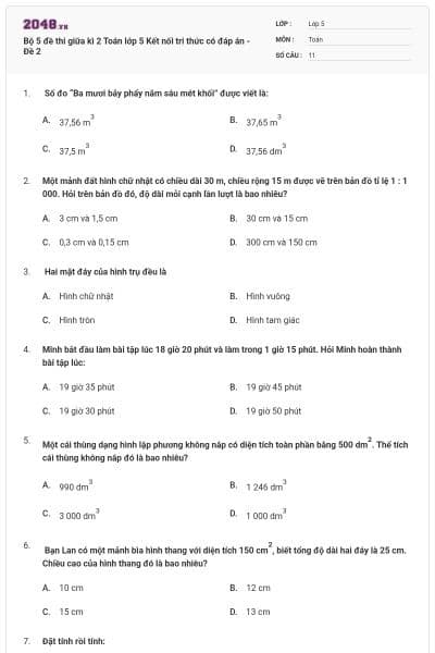 Bộ 5 đề thi giữa kì 2 Toán lớp 5 Kết nối tri thức có đáp án - Đề 2