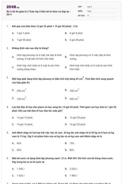 Bộ 5 đề thi giữa kì 2 Toán lớp 5 Kết nối tri thức có đáp án - Đề 4