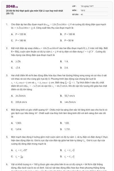 20 Đề thi thử thpt quốc gia môn Vật Lí cực hay mới nhất (đề 15)