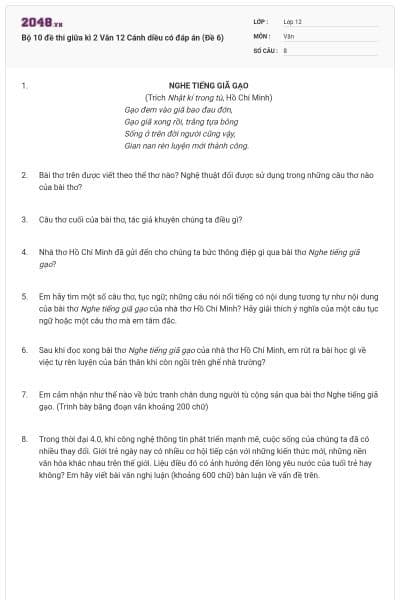 Bộ 10 đề thi giữa kì 2 Văn 12 Cánh diều có đáp án (Đề 6)