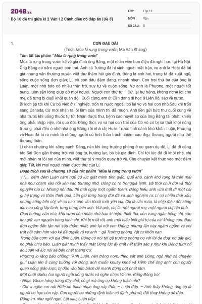 Bộ 10 đề thi giữa kì 2 Văn 12 Cánh diều có đáp án (Đề 8)