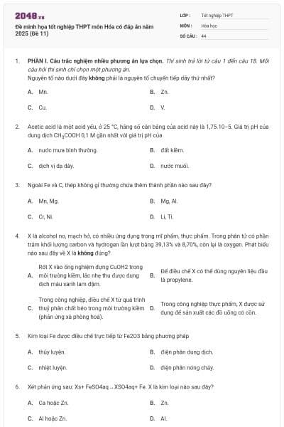Đề minh họa tốt nghiệp THPT môn Hóa có đáp án năm 2025 (Đề 11)
