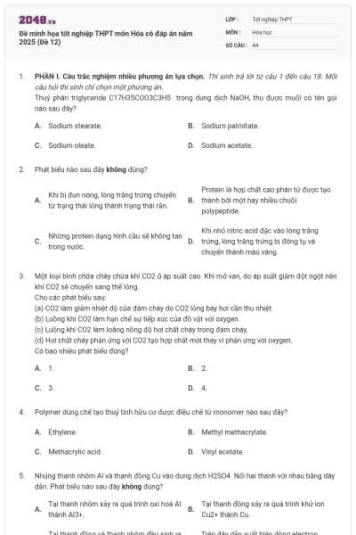 Đề minh họa tốt nghiệp THPT môn Hóa có đáp án năm 2025 (Đề 12)