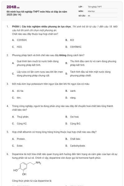 Đề minh họa tốt nghiệp THPT môn Hóa có đáp án năm 2025 (Đề 14)