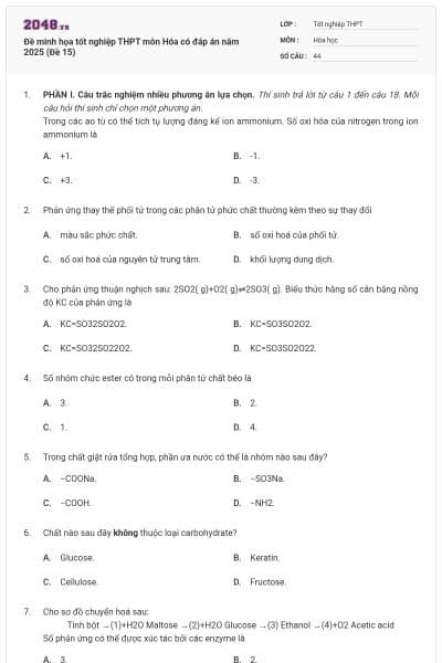 Đề minh họa tốt nghiệp THPT môn Hóa có đáp án năm 2025 (Đề 15)