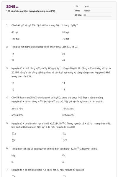 100 câu trắc nghiệm Nguyên tử nâng cao (P2)
