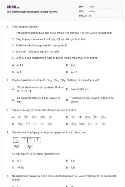 100 câu trắc nghiệm Nguyên tử nâng cao (P1)