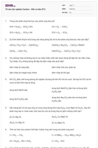 70 câu trắc nghiệm Cacbon - Silic cơ bản (P1)