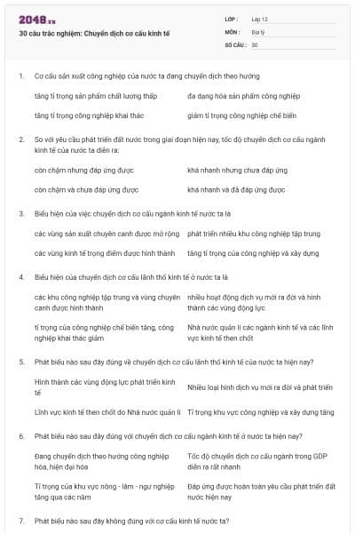 30 câu trắc nghiệm: Chuyển dịch cơ cấu kinh tế