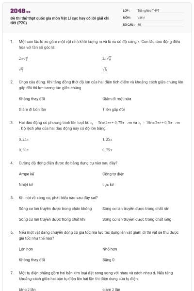 Đề thi thử thpt quốc gia môn Vật Lí cực hay có lời giải chi tiết (P20)