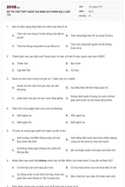 ĐỀ THI THỬ THPT QUỐC GIA NĂM 2019 MÔN ĐỊA LÍ (ĐỀ 13)